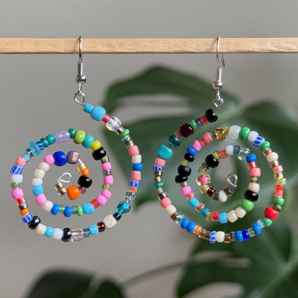 Handmade colorful beaded spiral earrings